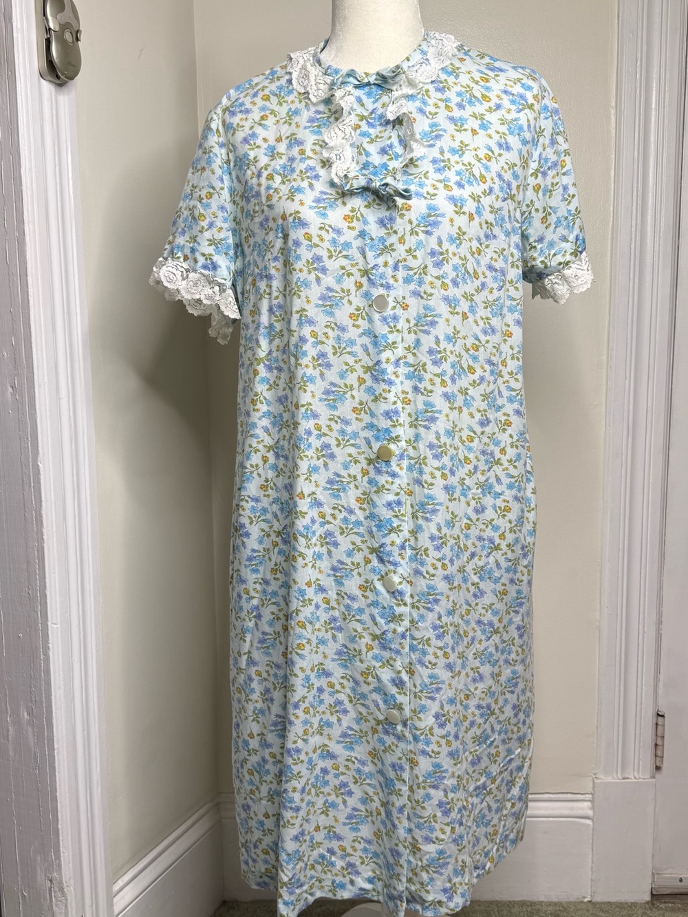 Vintage 60s Carol Brent Floral Housecoat Blue Purple Size M/L Lace Trim